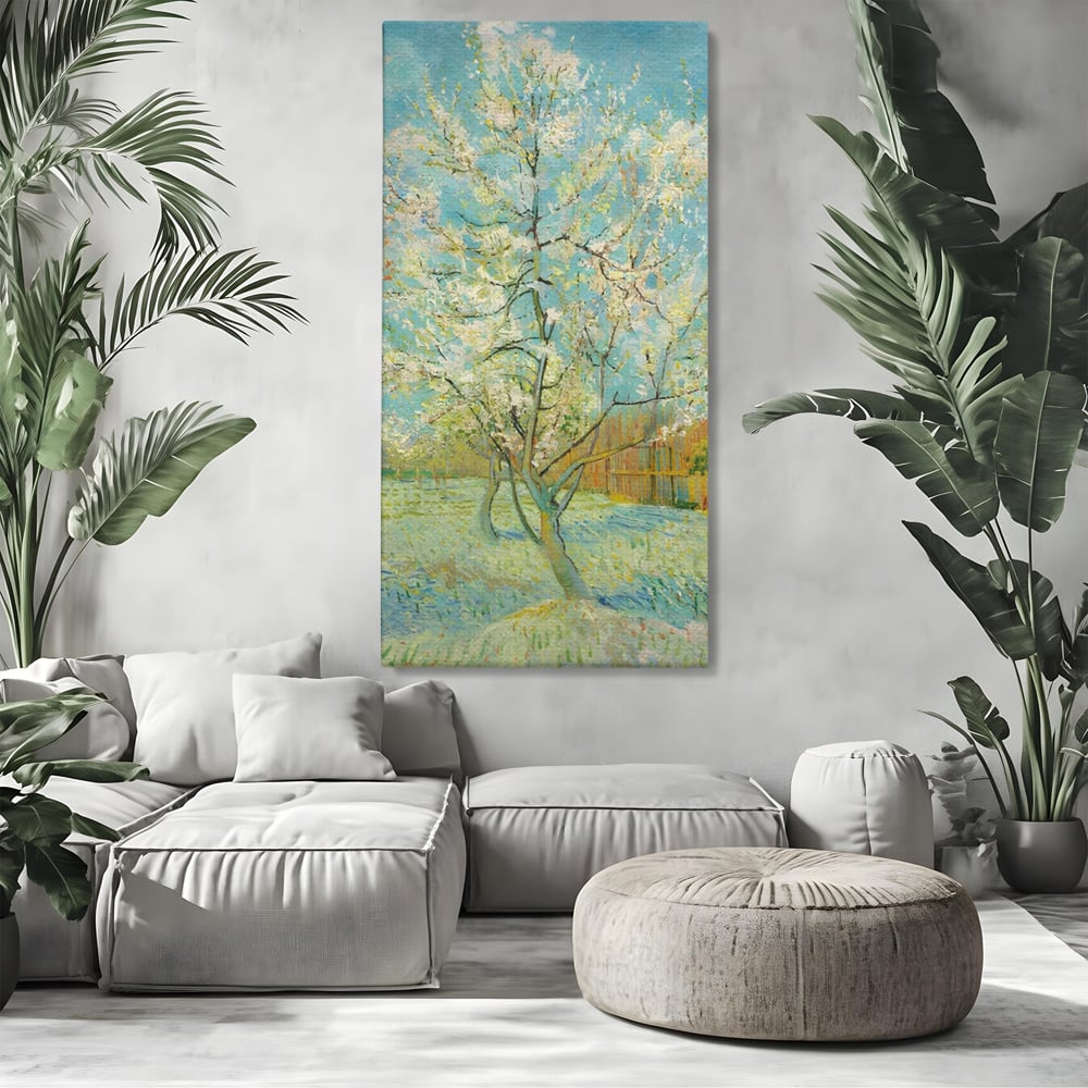 Tablou canvas cu pictura cu un copac inflorit primavara, fara rama, pe sasiu de lemn, pe perete intr-un living